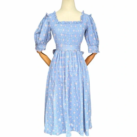 RARE Laura Ashley Blue Floral Cotton Puff Sleeve Cottagecore Prairie Midi Dress - Picture 3 of 10